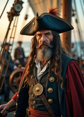 Fototapeta premium A close-up of a weathered pirate ship captain at the helm, exuding authority amid a bustling crew and ocean backdrop.