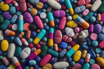 A close-up of numerous pills and capsules in vibrant colors