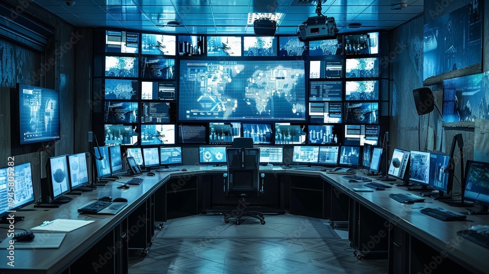 Poster a modern security operations center with numerous monitors displaying real-time data, symbolizing su