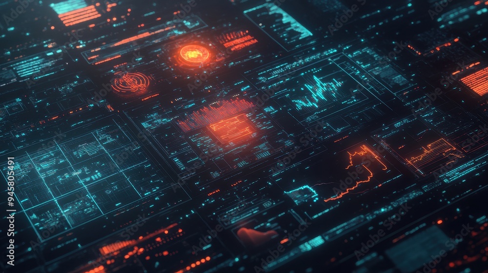 Aufkleber futuristic digital interface with glowing blue and red data grid on dark background.