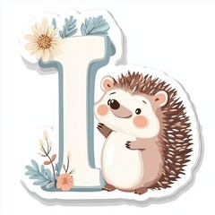 Cute hedgehog beside an embellished letter 'I'.