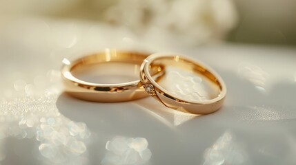 A pair of classic gold wedding bands, symbolizing commitment, love, and everlasting togetherness. The rings are placed on a pristine white background, highlighting their timeless elegance.