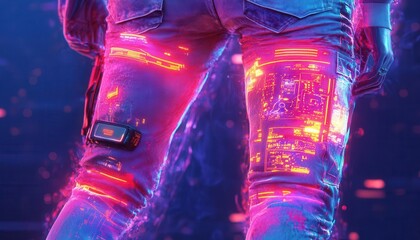 Pants with AR-enhanced features, cool tones, high detail, futuristic style, digital painting