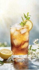 Fototapeta premium Iced tea with lemon slice and mint leaves on glass.