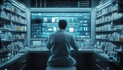 Pharmacist with medicine, in a futuristic pharmacy with holographic prescriptions, bright lighting, high detail, photo-realistic