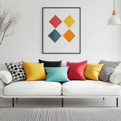 Minimalist living room with colorful cushions and art.