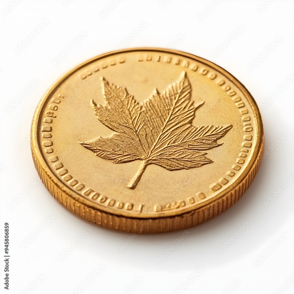 Poster shiny gold coin on white background with maple leaf design
