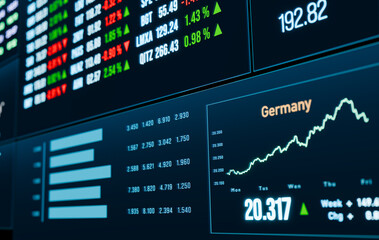 Fototapeta premium Germany stock market chart, bar graph, price information. Business, data, trading, research, analyzing, investment. Concept and 3D illustration