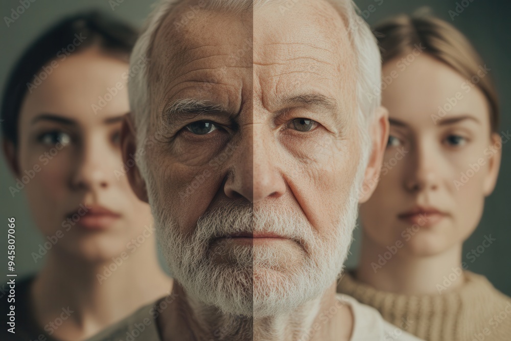 Poster a close-up features an elderly man with a serious expression, flanked by two younger individuals, sh