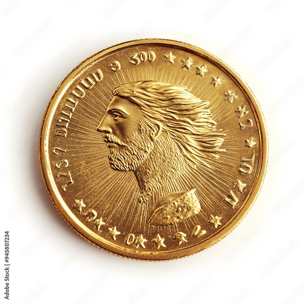 Poster single gleaming gold coin on pristine white background