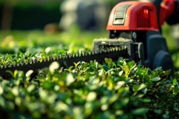 A close-up shot of a hedge being trimmed with a hedge trimmer