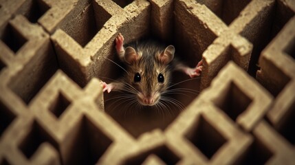 Macro shot of a cute mouse inside a mini maze