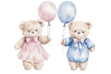 Blue and pink boy and girl bear teddy holding balloons on white background with watercolor technique