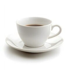 Single White Ceramic Coffee Cup and Saucer on Plain Background