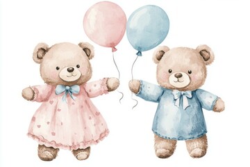 Blue and pink boy and girl bear teddy holding balloons on white background with watercolor technique