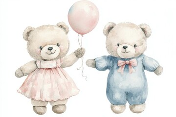 Blue and pink boy and girl bear teddy holding balloons on white background with watercolor technique