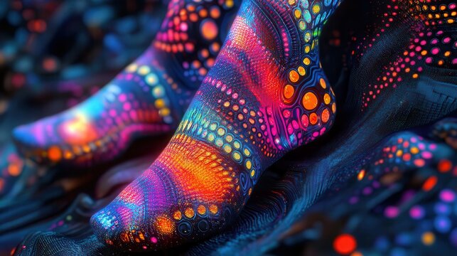 Socks with digital patterns, vibrant colors, high detail, futuristic style, digital art