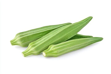 Three green okra pods on a white background, showcasing fresh vegetables.