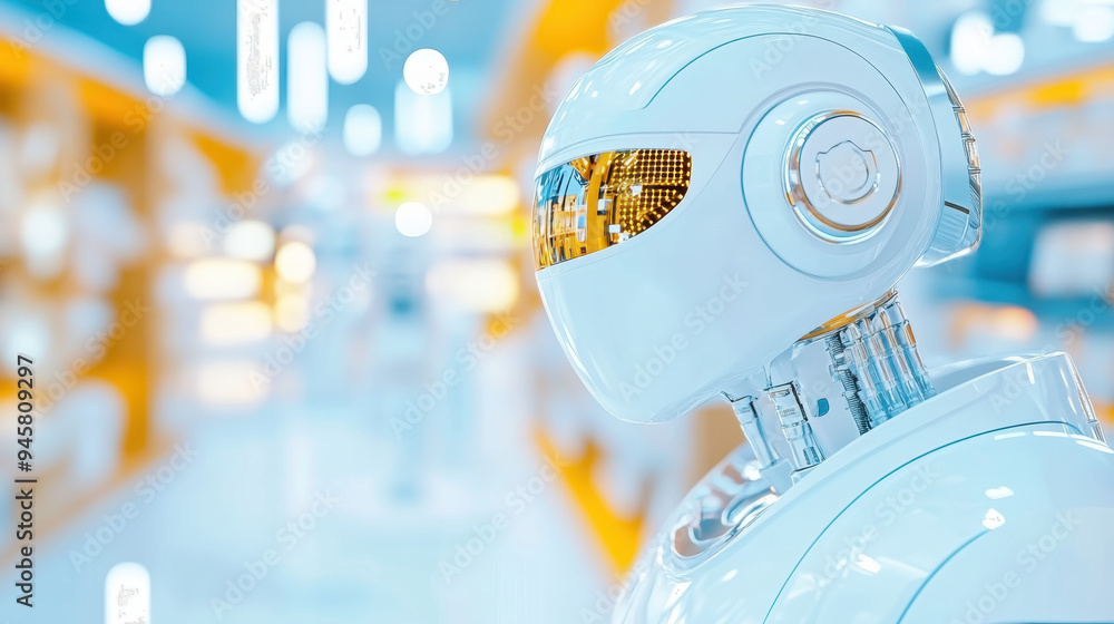 Poster futuristic humanoid robot with sleek design and reflective visor in a modern interior space showcasi
