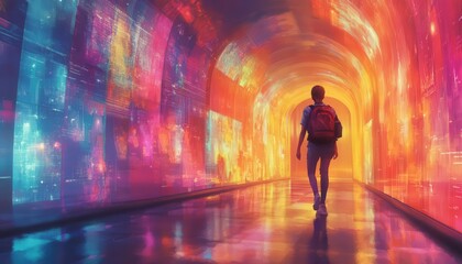 Student with a backpack, entering a futuristic school with holograms, pastel colors, surreal, watercolor