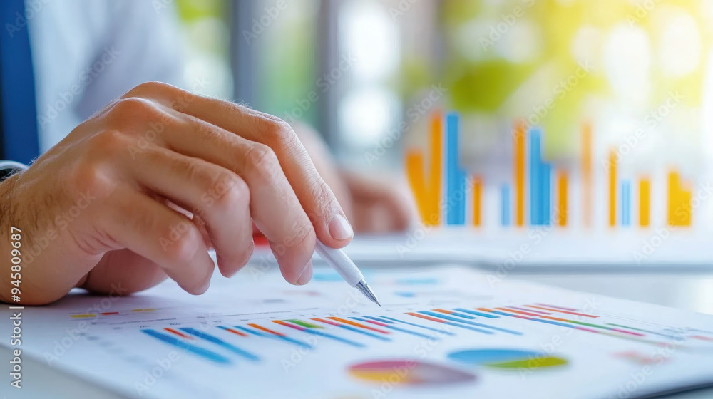 Poster professional hands analyzing colorful business graphs and charts with a pen, showcasing data trends 