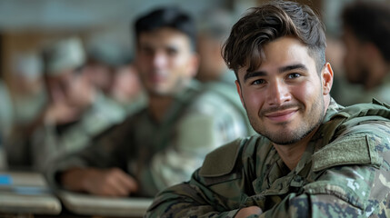 Fototapeta premium Smiling young soldier in uniform sitting among fellow servicemen, exuding camaraderie and confidence in a warm, relaxed setting.
