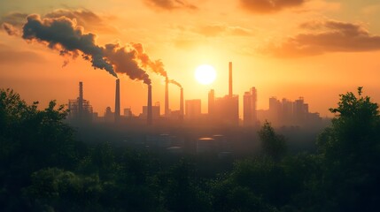 Smoky Sunset Over Bustling Urban Skyline Highlighting Sustainability Challenges