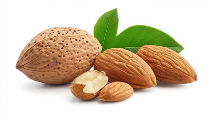 A collection of almonds, including a whole nut, shelled almonds, and green leaves.