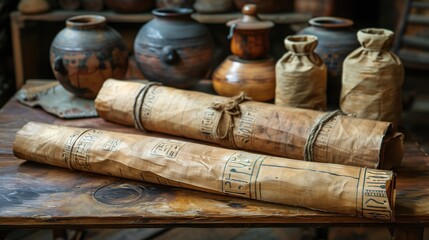 Vintage Oriental Scrolls and Ancient Pottery on Wooden Table Background in Antique Shop Setting