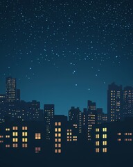 Naklejka premium Night Cityscape with Starry Sky - Urban Skyline with Glowing Windows and Stars