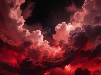 Dramatic crimson and scarlet abstract cloud patterns burst across a dark background, creating a striking and intense scene for beauty product presentation. Made with generative AI technology