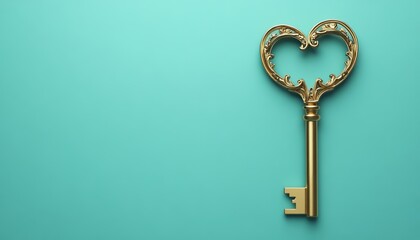 Vintage Golden Key with an Ornate Heart Design on Turquoise Background