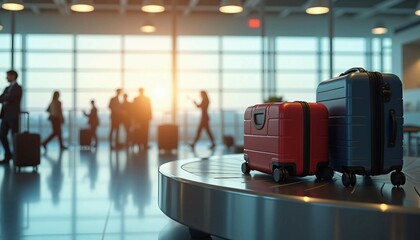 Detailed image of an airport baggage claim area, with a well-lit carousel in focus, blurred busy terminal background, and bright natural light.







