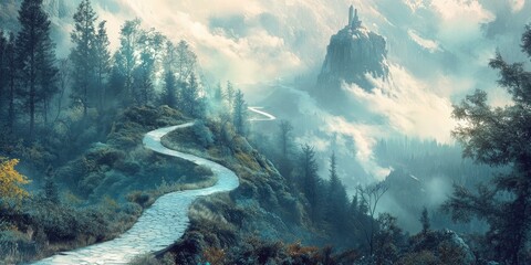 A winding path leads to a castle in the clouds.