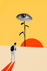 Vertical photo collage of young man tourist walk desert sun creepy eyeball flower stem leaves plant...