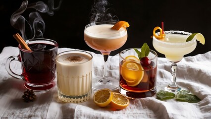 Set of various winter cocktails: mulled wine, eggnog, limoncello, old-fashioned, coconut margarita. White linen background. Horizontal composition with copy space.