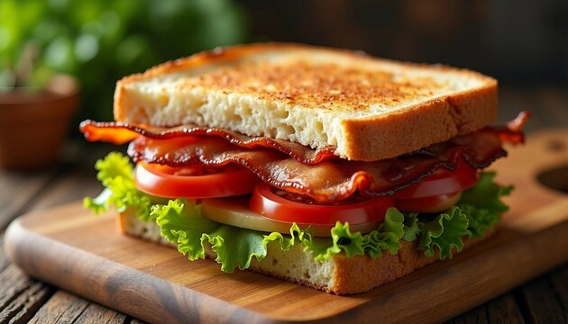 Toasted BLT sandwich on a rustic wooden board, showcasing crispy bacon, fresh lettuce, and juicy tomatoes.