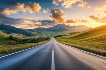 Naklejka premium Asphalt highway road and green mountain with sky clouds at sunset , ai