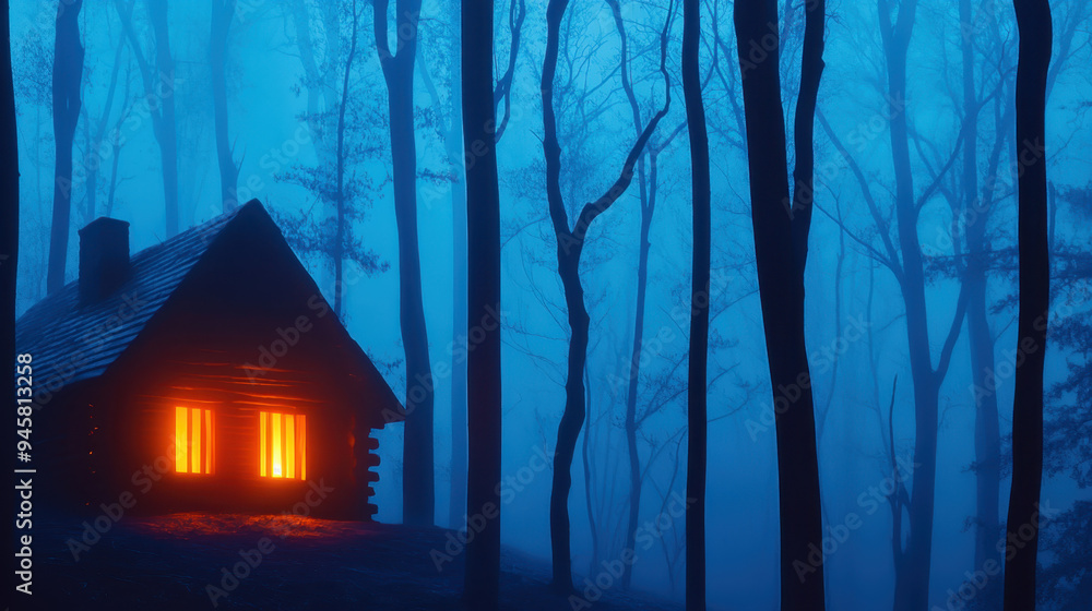 Poster cozy log cabin illuminated in the dark foggy forest, creating a mysterious and enchanting atmosphere