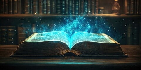 An open book with blue glowing magic.
