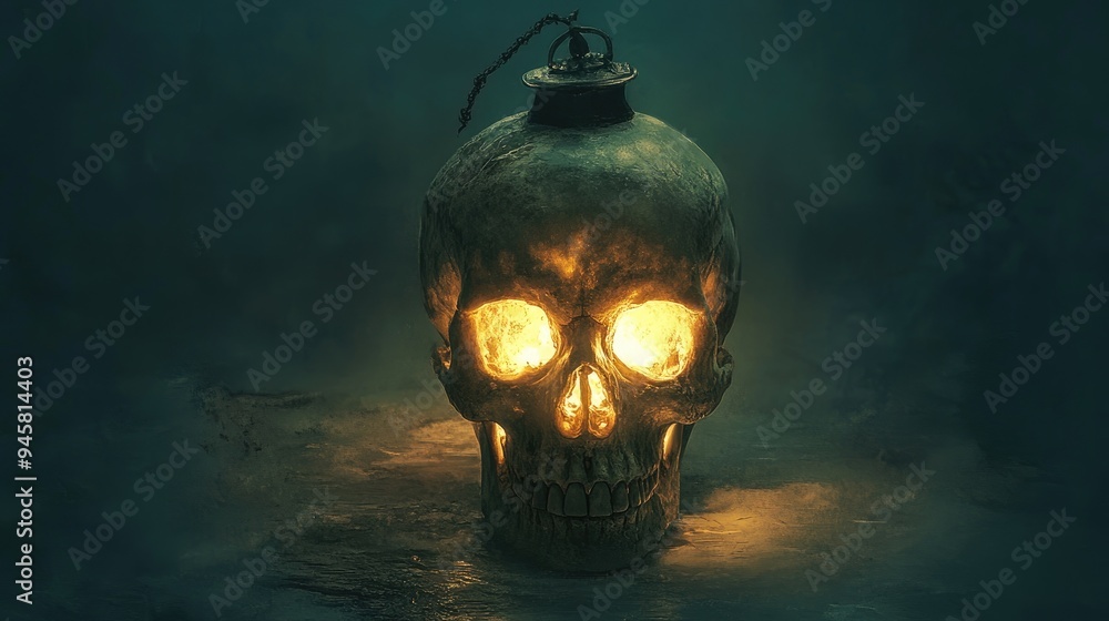 Canvas Prints A Glowing Skull Lantern in a Dark and Moody Atmosphere