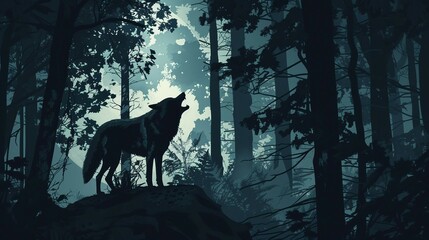 Wolf Howling at the Moon in Dark Forest Silhouette with Misty Trees. Generative AI
