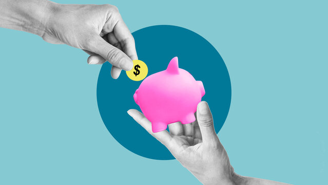 Crowd funding or Start up business grants are shown by Collage with the hand with piggy bank and hand with a coin. Saving up for a rainy day - Powered by Adobe