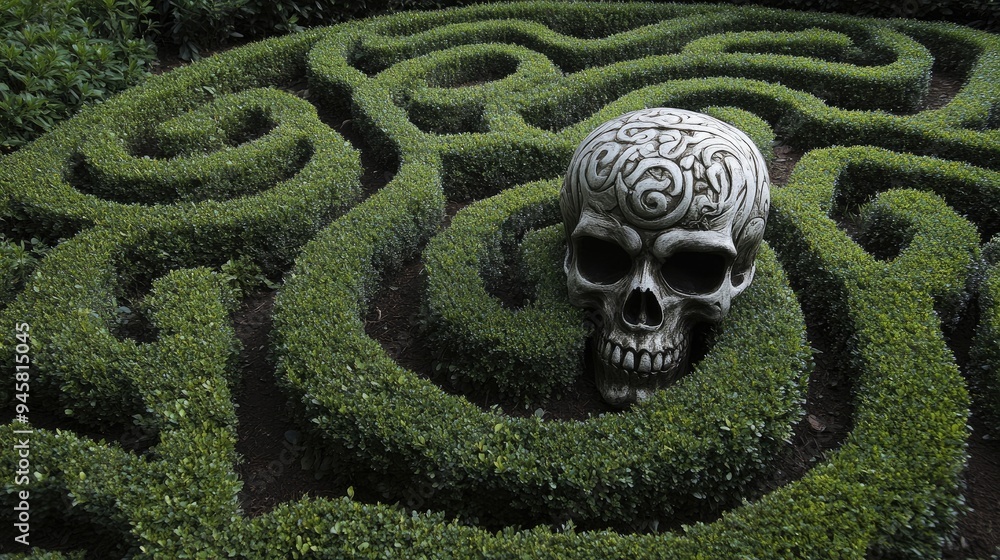 Canvas Prints A Skull Embedded in a Circular Green Maze