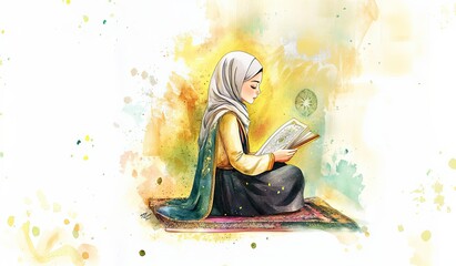 Naklejka premium This watercolor illustration features a young Muslim girl in a hijab, sitting on a prayer rug, deeply engrossed in reading the Quran, white background 