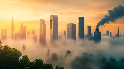 Fototapeta premium Towering Skyline Shrouded in Dusk Haze Sustainability Efforts for Carbon Neutrality