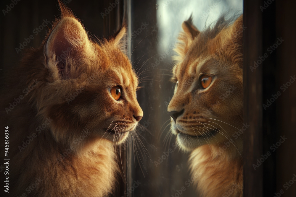 Poster cat & lion reflection.