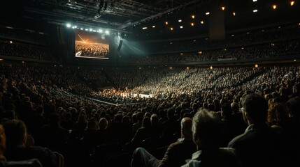Meeting audience listens to important speeches at an international business conference. The atmosphere is business-oriented and professional