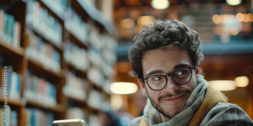 Poster portrait of a smiling man in a library using a phone for research and communication, focused on educ