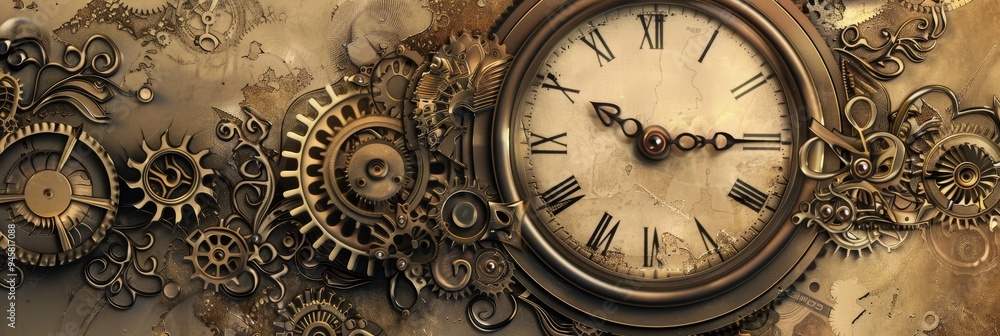 Poster a steampunk-inspired mechanical clock with intricate gears and cogs symbolizing time, precision, cra